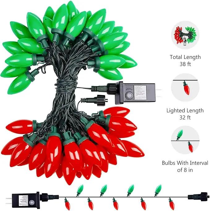 C9 Bulbs Classic Christmas Lights - 50 LED 32ft Strawberry String Light Red&Green - Extendable 8 Modes Funtion with Timer Fairy Lighting for Outdoor, Indoor, Party, Home, Tree Decorations by GreenHaven Gardens