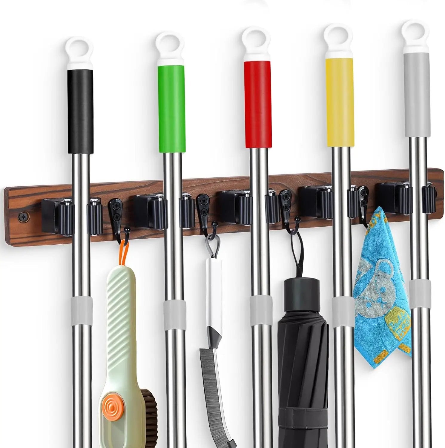 Broom Holder Wall Mount With 5 Slots & 4 Hooks，Rustic Wood Broom & Mop Hanger，Wall Mounted Garden & Garage Tool Storage Organizer Rack for Closet Laundry Room or Kitchen Wall Decor by GreenHaven Gardens