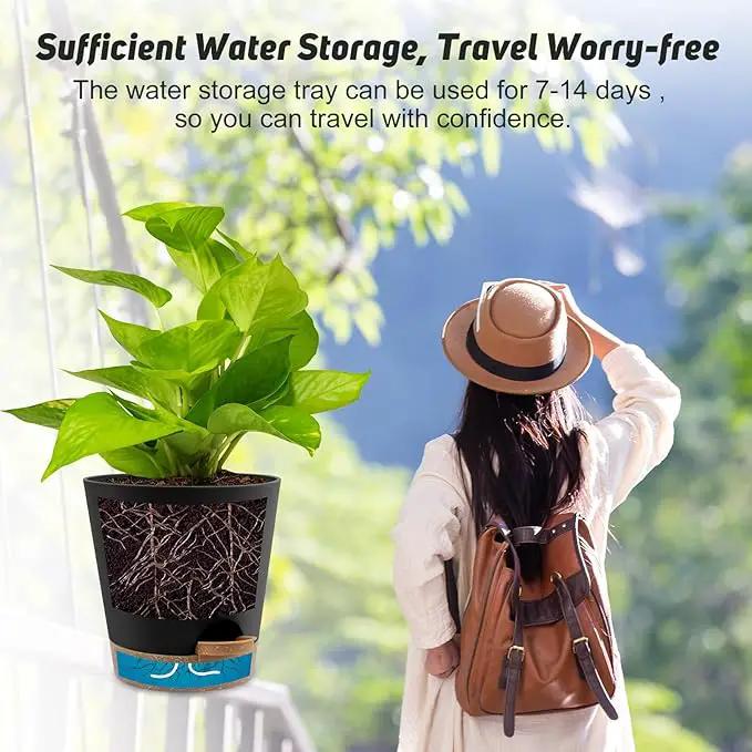 8-Inch Plant Pots, Self-Watering Planters with Drainage Holes & Saucers for Indoor and Outdoor Plants (2-Pack,Black) by GreenHaven Gardens