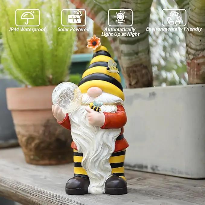 Solar Garden Gnome Statue, Resin Bee Gnome Figurine with Flower and Crackle Glass Globe Lights for Outdoor Decor, Porch Patio Yard Decorations, Garden Gifts for Mom by GreenHaven Gardens
