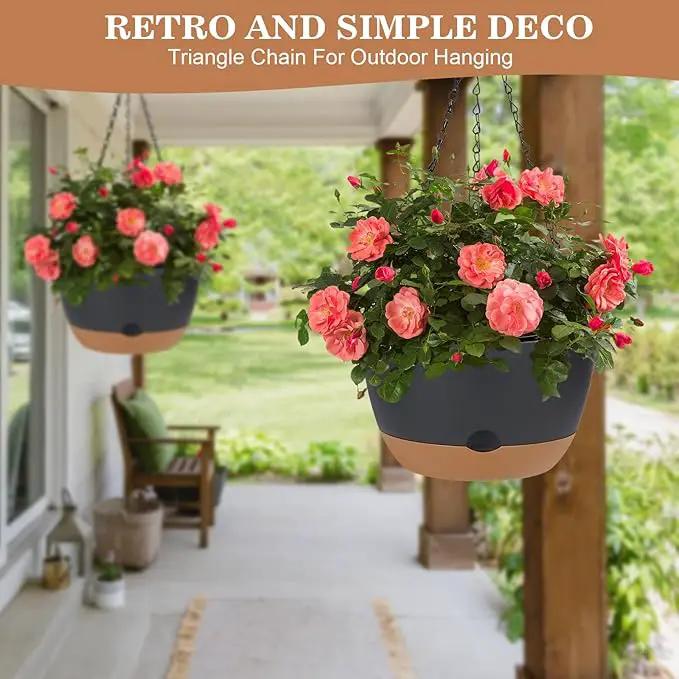 3 Pack Hanging Planters Set, 10 + 10 + 8 Inch Self-Watering Hanging Plant Pot, Macrame Plant Hanger with Pot, Ceiling Hooks, Removable Saucer and Drainage Holes for Indoor, Outdoor Plants - Black by GreenHaven Gardens