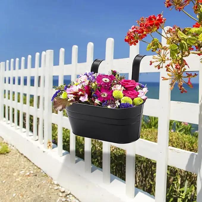 Foraineam 6 Pack Hanging Flower Pots, Metal Iron Hanging Planter Plant Pot Holders for Railing Fence Balcony, Black Hanging Bucket Pots Outdoor Porch Decors with Detachable Hooks and Drain Holes by GreenHaven Gardens