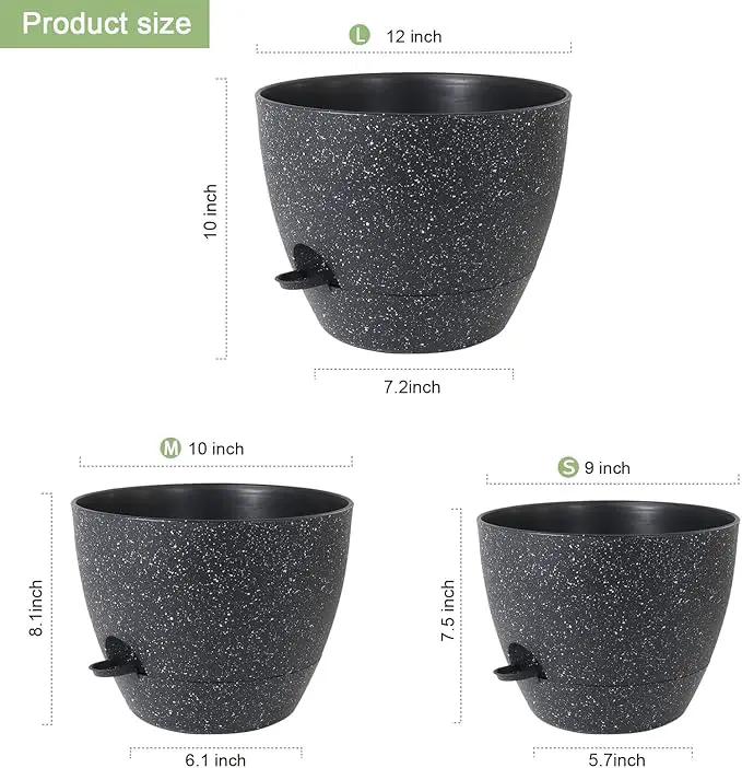 12/10/9 inch Large Self Watering Pots, Planter, Plant Pots with Mesh Drainage Holes for Indoor Outdoor Garden Plants, Plastic Flower Pots with Removable Deep Reservoir, Speckled Black by GreenHaven Gardens