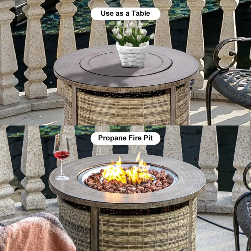 32 inch Propane Fire Pit Table,Wicker Gas Fire Pits Table with Lid & Lava Rocks, 50000 BTU Round Propane Firepit for Outside, Fire Table for Dining,Party, Patio,Yard by GreenHaven Gardens