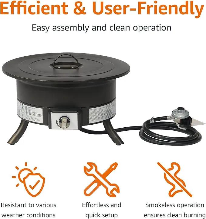 Amazon Basics Portable Propane Fire Pit, 19 inch Round Gas for Patio, 55,000 BTU Carry Strap by GreenHaven Gardens