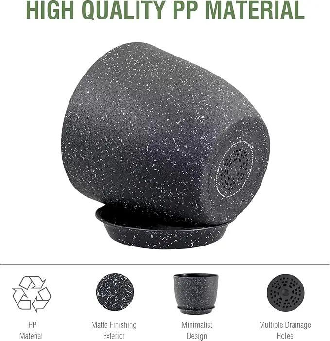 12 inch Big Plant Pots, Plastic Planters with Drainage Holes and Trays, Large Flower Pots for Indoor Outdoor Plants, Modern Decorative Pots for Garden House Plants, Speckled Black by GreenHaven Gardens