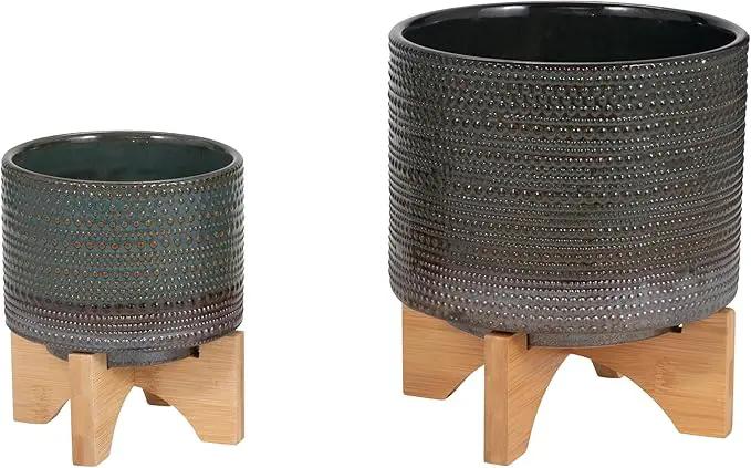 Sagebook Home 8" Ceramic Planter on Bamboo Wood Stand - Green Plant Stand with Contemporary Dotted Design - Indoor or Outdoor Plants and Succulents by GreenHaven Gardens