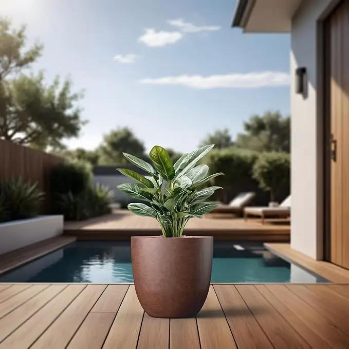 Kante 14 Inch Dia Round Concrete Planter, Indoor Outdoor Large Plant Pot with Drainage Hole and Rubber Plug for Home Patio Garden, Rusty by GreenHaven Gardens