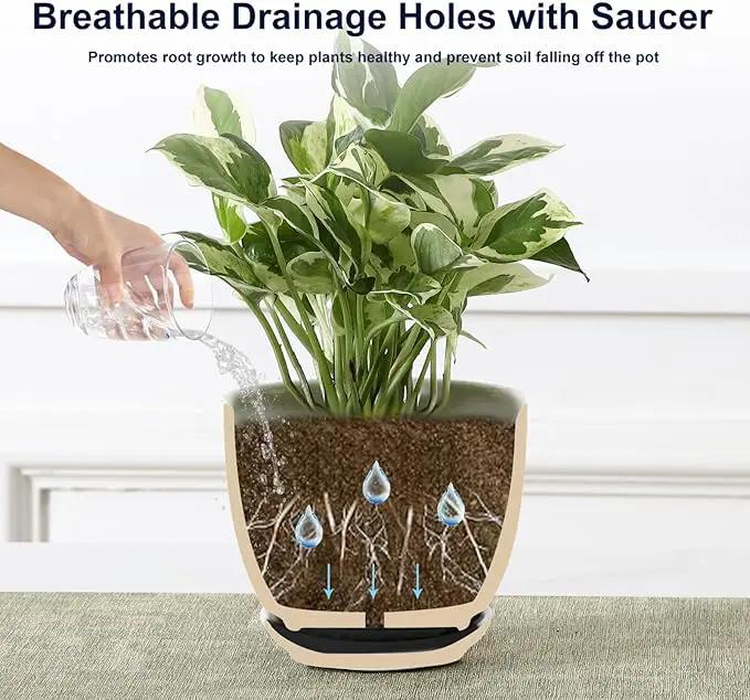 Sureasy Ceramic Indoor Plant Pots - 5.6 Inch Flower Pots for Plants with Drainage Hole and Saucer, Embossed Planter for Succulents, Orchid, Cactus, Indoor Home Decor, Set of 4, Black by GreenHaven Gardens
