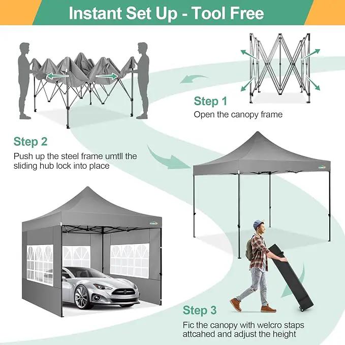 COBIZI 10x10 Pop Up Canopy Tent with 4 sidewalls Commercial Heavy Duty Canopy UPF 50+ All Weather Waterproof Outdoor Canopy Wedding Tents for Parties Gazebo with Roller Bag, Grey (Windproof Upgraded) by GreenHaven Gardens