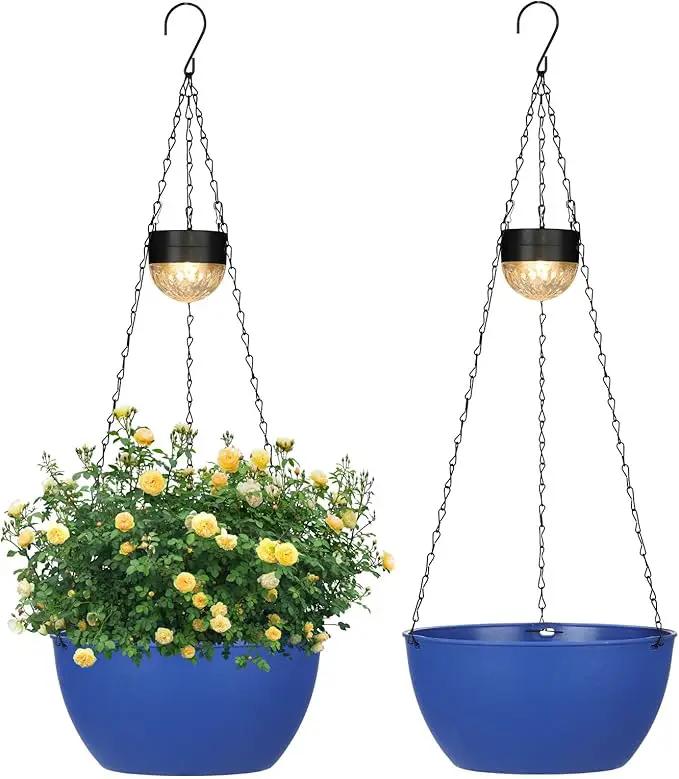 2 Packs Hanging Planters Basket for Outdoor Plants, Solar Powered Self Watering Blue Round Plastic Flower Pots with Drainer for Balcony Patio Garden Outdoor Decoration by GreenHaven Gardens