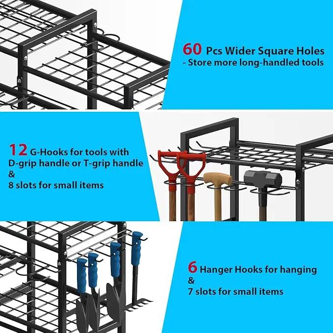 NADAMOO Garden Tool Organizer with Rolling Wheel, 3-tier Metal Shelf Yard Tool Holder, Utility Stand Rack for Garage Organization and Storage, Hold Long-Handled Rakes, Shovel, Broom by GreenHaven Gardens