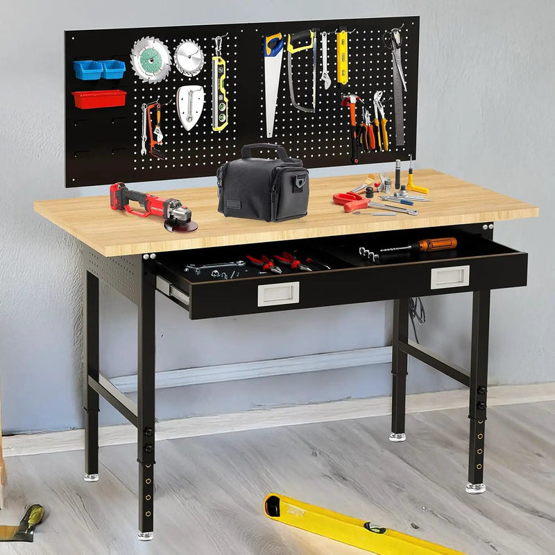 60" Workbench for Garage with Drawers Rubberwood Tabletop Work Table with Pegboard, Power Outlets Adjustable Height Work Bench for Office, Woodworking Shop, Home by GreenHaven Gardens