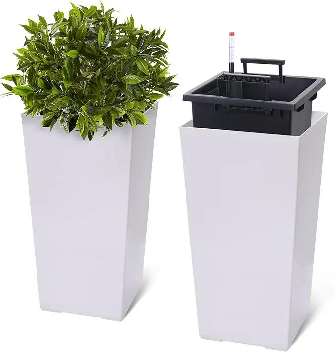 22.5" Tall Planters Set of 2, Outdoor＆Indoor Black Planter Pots, High Front Porch Planter Pots with Drainage Holes＆Water Level Monitor＆Inner Bucket, Automatic Watering, White by GreenHaven Gardens
