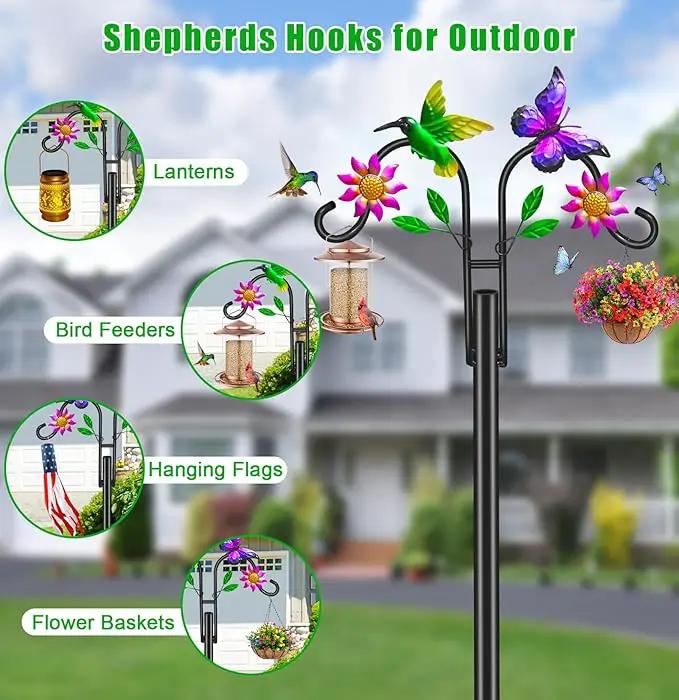Double Shepherds Hooks for Outdoor, Artistic Hummingbird & Flower Design, 5 - Prong Base, Ideal for Bird Feeders, Baskets & Lanterns (1 Pack) by GreenHaven Gardens