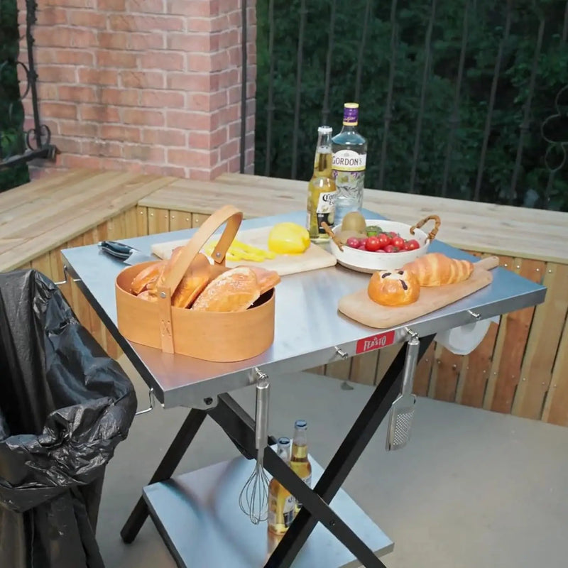 Outdoor Grill Table, Foldable Pizza Oven Stand & Blackstone Griddle Stand with Garage Rack & Tissue Holder, Folding Outdoor Prep Table for Gathering and Party, 30" x 24", Stainless Steel by GreenHaven Gardens