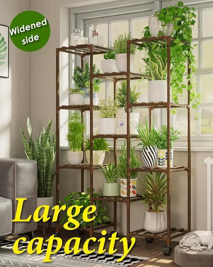Bamworld Plant Stand With Wheels Indoor Outdoor Wood Plants Shelf for Multiple Plants 11 Pots,Tall Large Flower Holder for Living Room, Patio, Balcony, Garden by GreenHaven Gardens