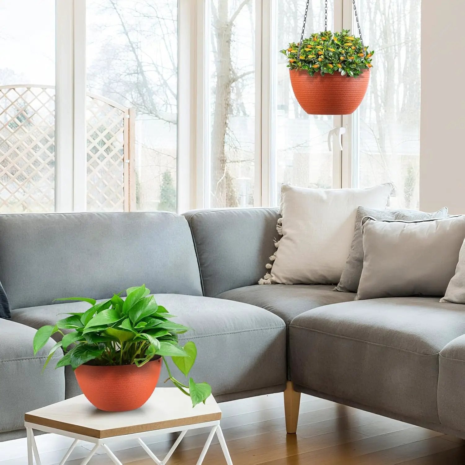 Hanging Planters for Indoor Outdoor Plants, Set of 2 Self Watering Hanging Pots with Drainage Hole & Plug and 20" Chain & Hooks by GreenHaven Gardens