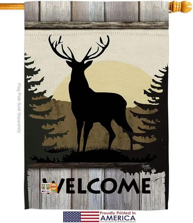 Welcome Deer Garden House Flags Set Animals Wildlife Outdoor Bear Wolf Pet Nature Farm Animal Creature Small Decorative Gift Yard Banner Made In USA 28 X 40 by GreenHaven Gardens