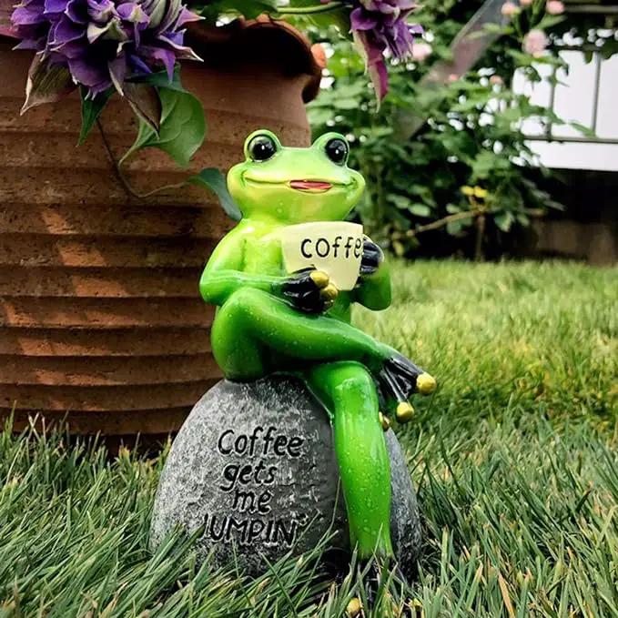 OwMell Frog Statue for Garden, Drinking Coffee Green Frog Figurine for Outdoor Decor Yard and Garden Decoration Resin Sculpture 6 Inches by GreenHaven Gardens