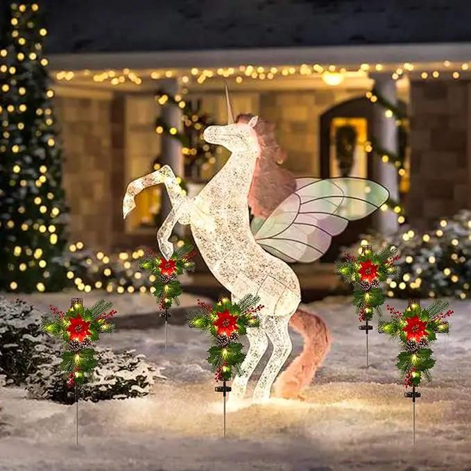 2 Pack Outdoor Solar Lights Christmas Decorations, Cross Stake Lights with Faux Poinsettia Pine Cones Red Berries and Foliage for Garden Patio Grave by GreenHaven Gardens