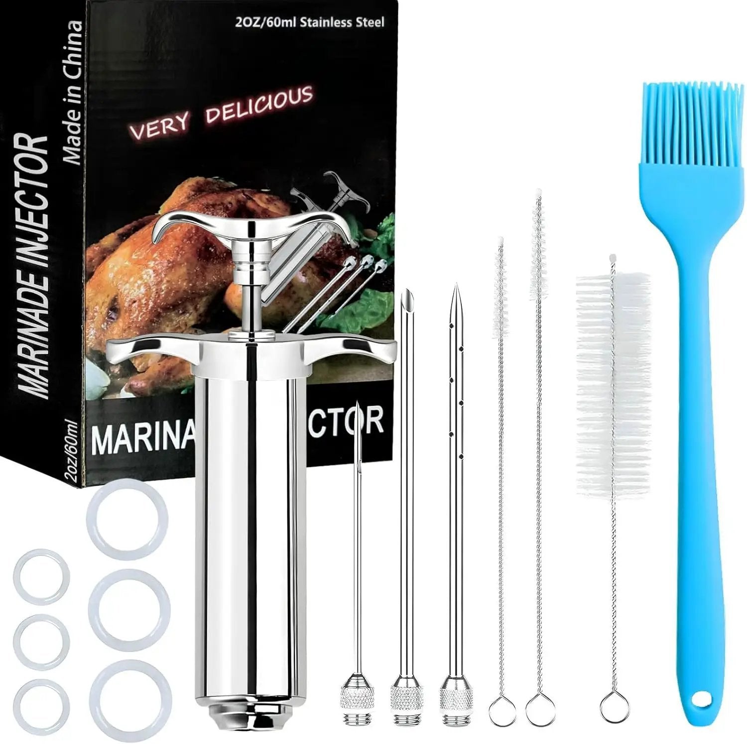 304-Stainless Steel Meat Injector Syringe Kit with 3 Marinade Needles for BBQ Grill Smoker, Turkey, Brisket, Beef, Fish, 2-oz Large Capacity, Silicone Brush and Cleaning Brush by GreenHaven Gardens