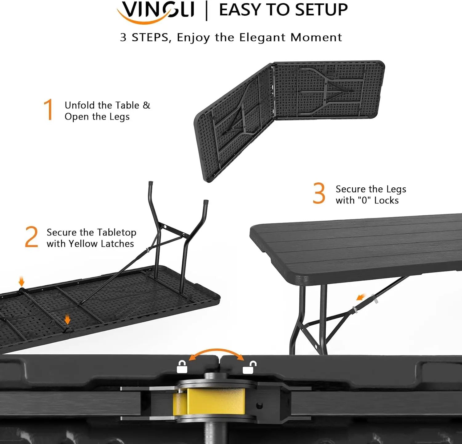 VINGLI 8 Foot Plastic Folding Table Portable Long Table for Indoor Outdoor Use Rectangular with Carrying Handle, Black by GreenHaven Gardens