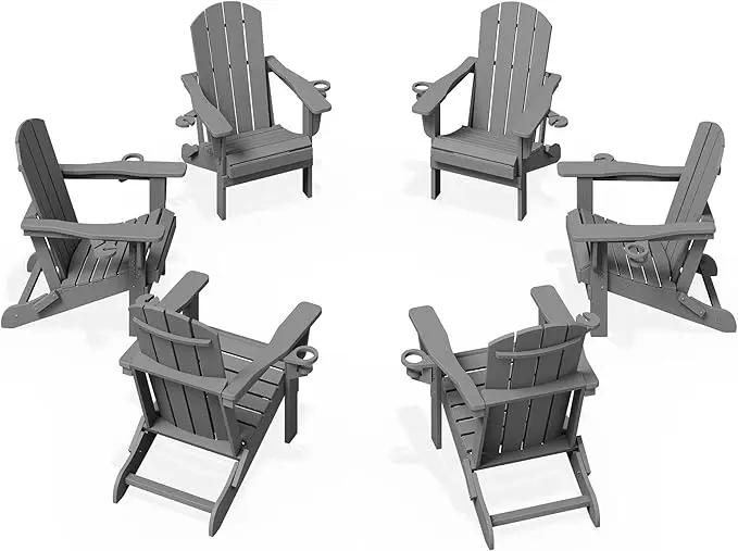 KINGYES Folding Adirondack Chair Set of 6, Dual Cup Holders & All-Weather HDPE, Wood-Like Patio Chair for Backyard, Camping, Pool & Fire Pit, Grey by GreenHaven Gardens