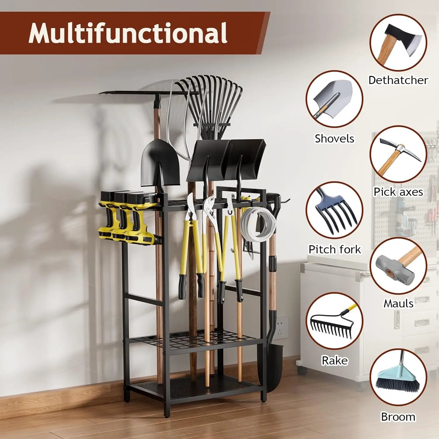 Garden Garage Tool Organizer - Yard Tool Organizer for Garage with 4 Hooks, Heavy duty Steel Garden Tool Rack Holds up to 48 Long Handled Yard tools for Storage by GreenHaven Gardens