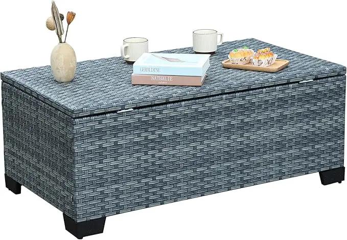 Outdoor Storage Table Wicker Patio Coffee Table All-Weather Rattan Side Table with Waterproof Cover, Grey by GreenHaven Gardens