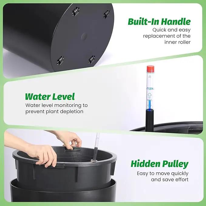 Tall Round Planter Set of 2, 19.5‘’ H x 19.9" Dia Large Planters for Indoor Plants with Built-in Drainage and a Water Level Monitor and Wheels for Patio, Porch, Living Room, or Home Office, Black by GreenHaven Gardens