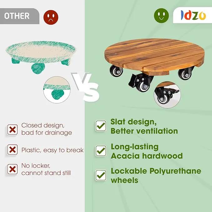 Idzo 2pack Wood Plant Caddy With Wheels Heavy Duty, 264 Lbs Capacity, 12 Inch Acacia Hardwood Plant Dolly, Plant Stand with 360° Lockable Wheels, Plant Caster for Heavy Objects Hauling - Natural Wood by GreenHaven Gardens