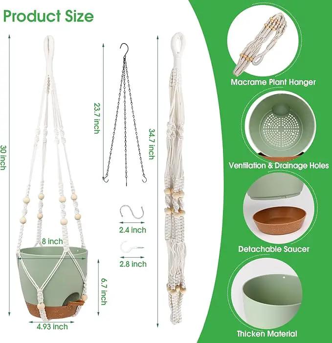 Hanging Planters for Indoor Outdoor Plants, 2 Pack Self Watering Hanging Pot with Drainage Holes, Removable Tray & 2 Kinds of Plant Hangers, 8'' Hanging Flower Pots for Home Garden Decor, Green by GreenHaven Gardens