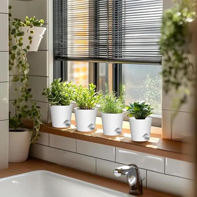 4 inch Self Watering Pots for Indoor Outdoor Plants, 6 Pack Plastic Flower Planters with Drainage Holes and Removable Saucers, Plant Pots with Wicking Rope, Modern Decor, White by GreenHaven Gardens