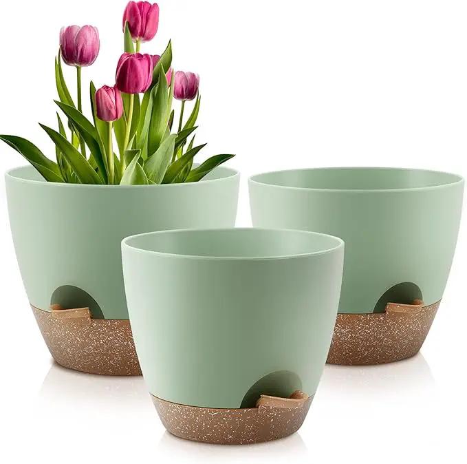 Plant Pots 10/9/8 Inch Self Watering Pots, Set of 3 Plastic Planters with Drainage Holes and Saucers,Plastic Flower Pots,Nursery Planting Pot for Indoor Out Door Plants（Green） by GreenHaven Gardens