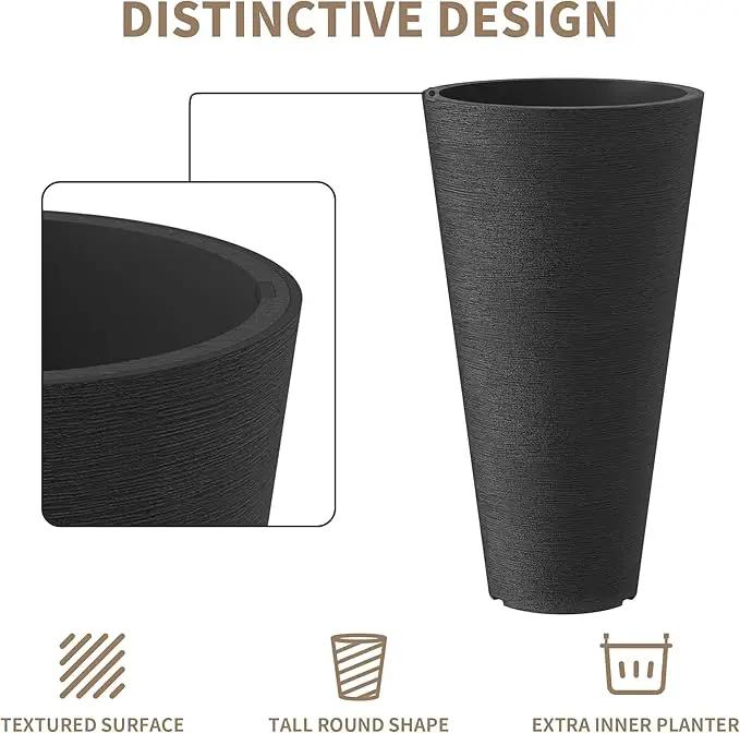 Kante Tall Round Planter Set of 2, 29" H Large Decorative Planter Pots for Outdoor Indoor Garden Patio Front Porch (Black) by GreenHaven Gardens