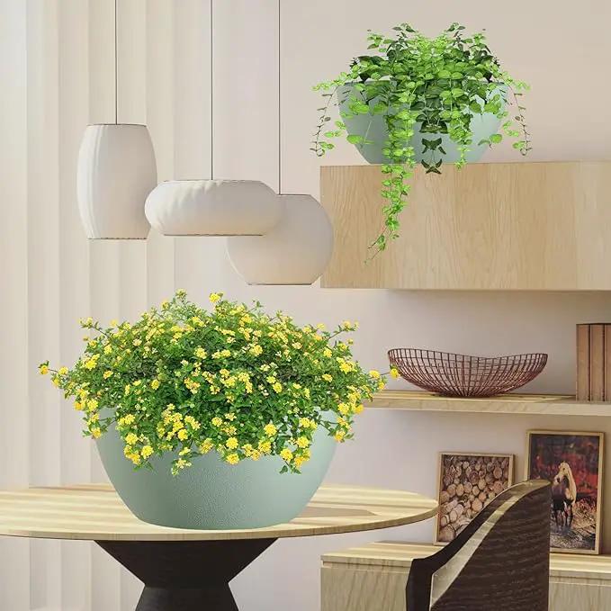 13 inch Large Hanging Planters Plant Pots for Outdoor Indoor Plants with Drainage Holes and Chain, 2 Pack Round Hanging Flower Pots for Garden Home Porch Decor, Green by GreenHaven Gardens