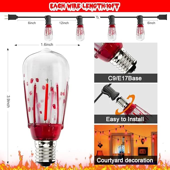 Abeja LED Flame String Lights, 10Ft ST40 Halloween Flicker Flame String Lights with 10 LED Flame Bloody Tears Bulbs, Hanging Outdoor Halloween Light for Patio Garden Party Backyard -Black by GreenHaven Gardens