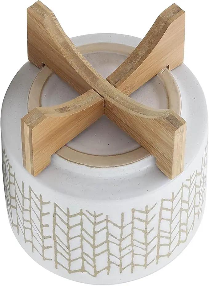 8" Ceramic Planter Stand, Ivory/Beige Chevron with Wooden Base, Indoor/Outdoor Planter with Stand for Your Succulents and Small Plants by GreenHaven Gardens