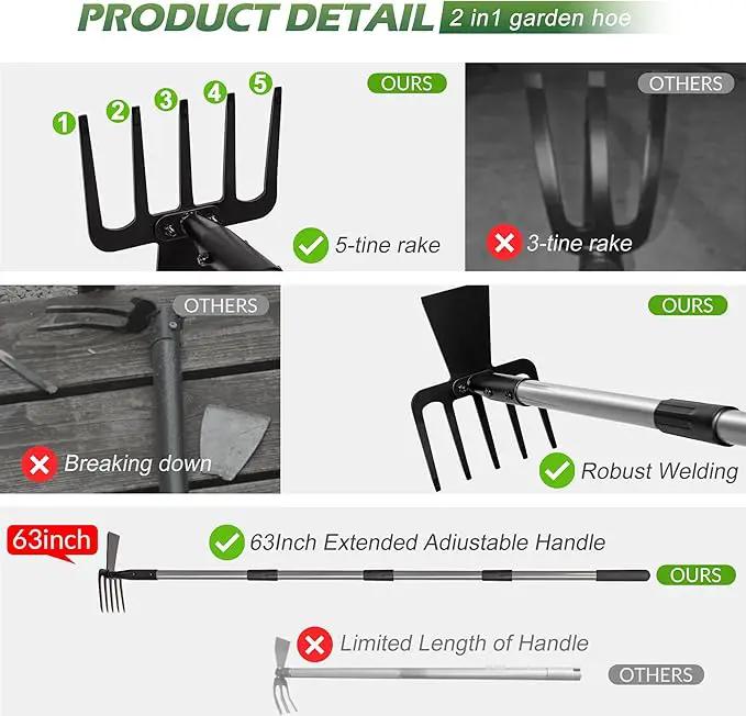 Walensee 2 in 1 Hoe Garden Tool, 63 Inch Garden Hoe Cultivator and 5-Tines Rake with 37-63 Inch Adjustable Long Handle, Weeding Tools Hand Tiller for Yard Lawn Flower Beds Planting Gardening Digging by GreenHaven Gardens