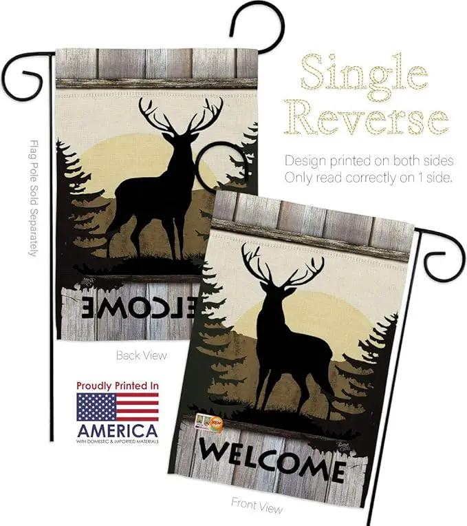 Welcome Deer Garden House Flags Kit Animals Wildlife Outdoor Bear Wolf Pet Nature Farm Animal Creature Small Decorative Gift Yard Banner Made In USA 28 X 40 by GreenHaven Gardens