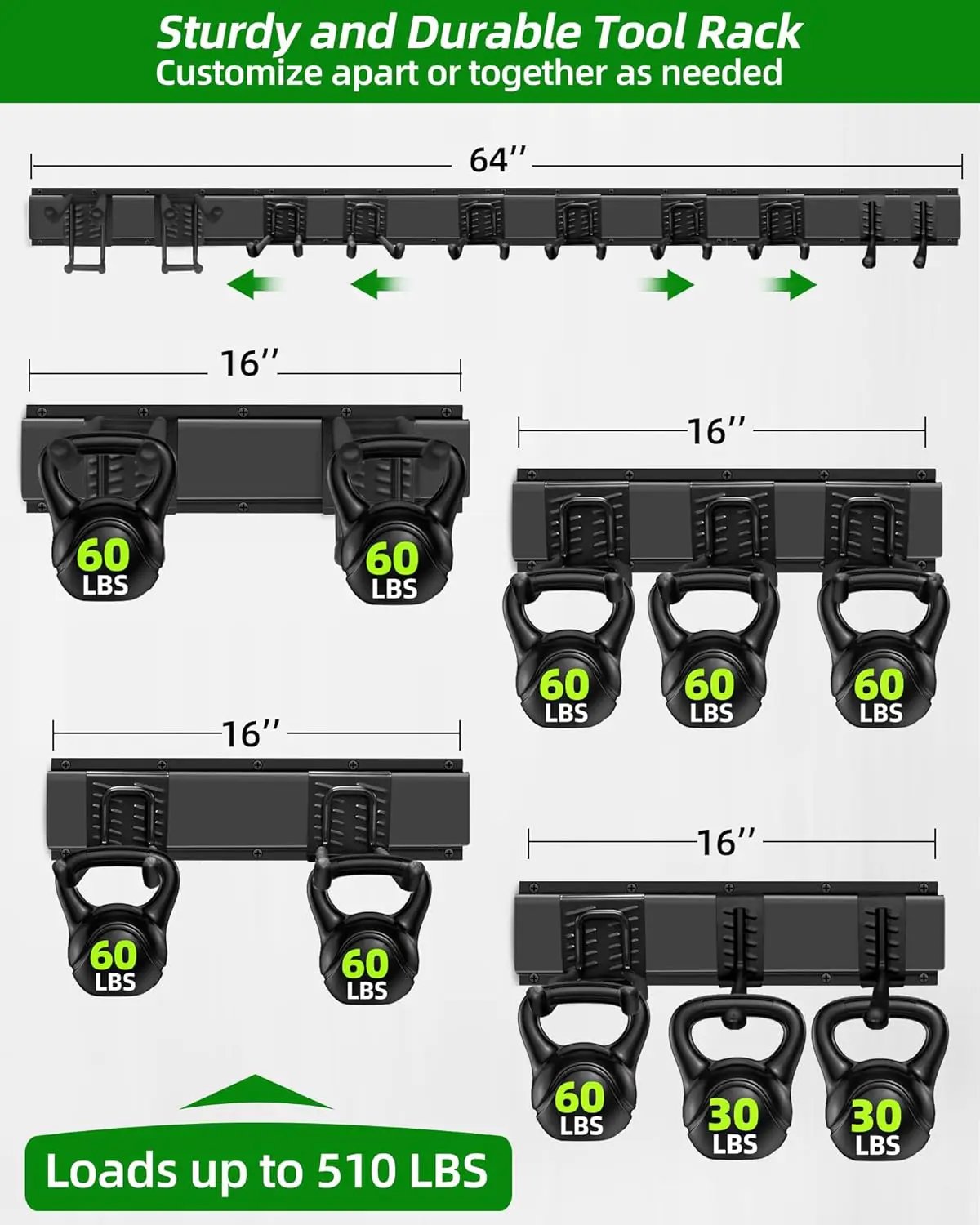64 inches Garage Tool Organizer Wall Mount, Heavy Duty Garden Tool Organizer Rack, Hanging Storage Organization Racks Holder with 10 Hooks, for Lawn Tools, Shovel, Shed by GreenHaven Gardens
