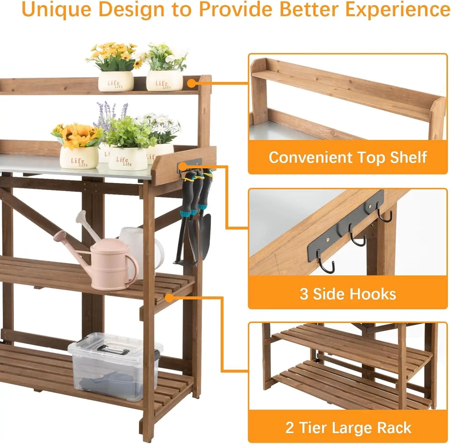 Folding Potting Bench Table,Outdoor Potting Bench Garden Wooden Potting Table,Fir Wood Workstation Planting Table with Galvanized Tabletop,2 Tier Storage Shelves,Top Shelf(Brown) by GreenHaven Gardens