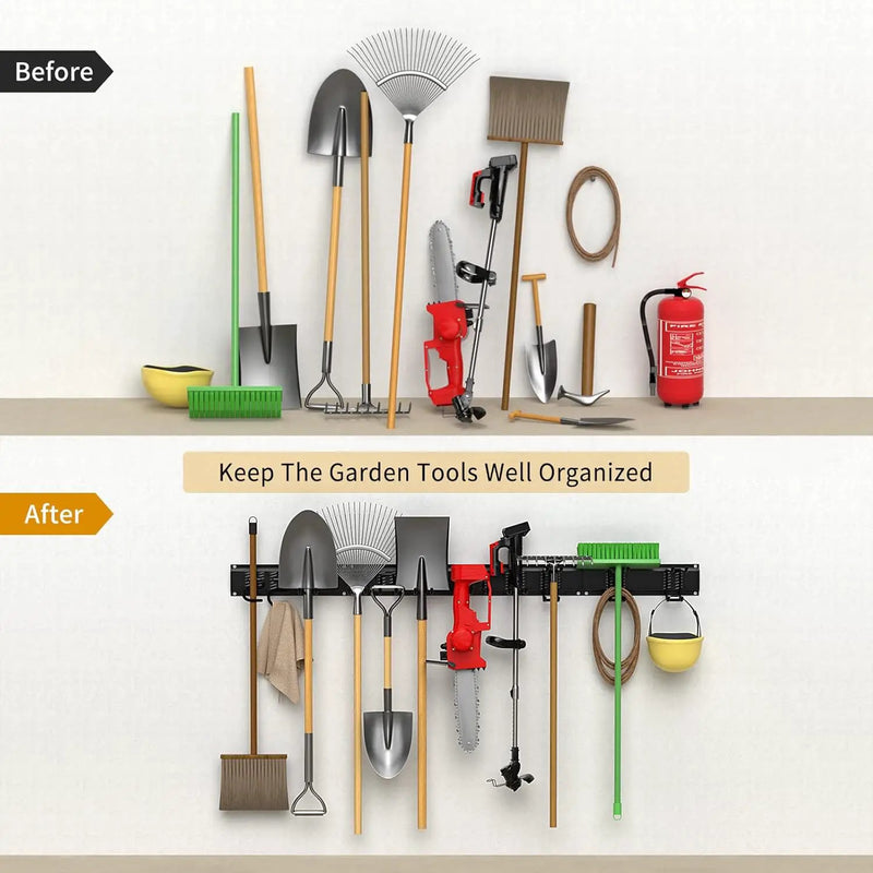Garage Tool Organizer Wall Mount 11 PCS Garden Tool Organizer Adjustable Garage Organizers with 8 Heavy Duty Hooks, Max Load 500lbs Garage Storage for Yard Garden Tools, Shovels, Trimmers, Hoses by GreenHaven Gardens