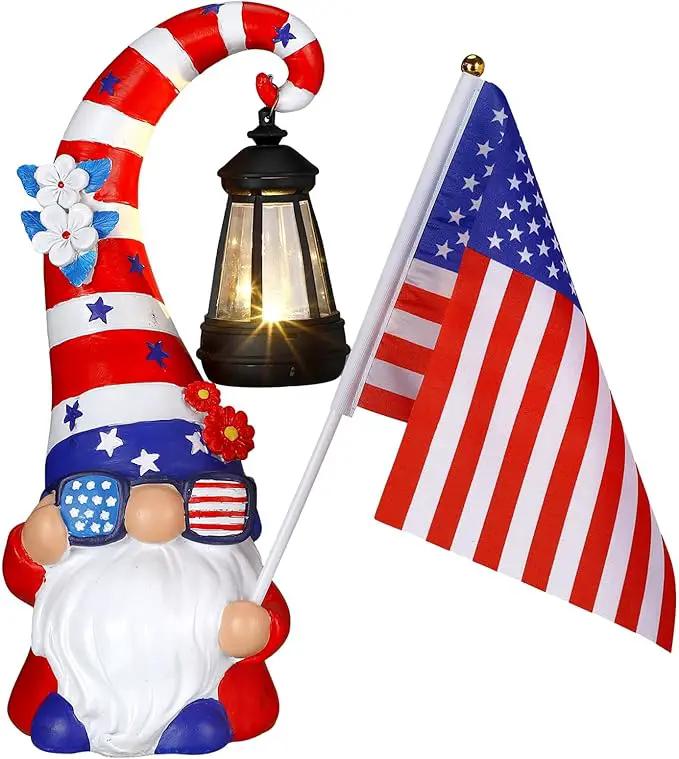 VIHOSE 11.8 Inch 4th of July Patriotic Solar Gnomes Statues USA Solar Gnome Outdoor Figurine Lights for Outside Lawn Ornaments Garden Porch Patio Balcony Yard Fourth of July Gifts for Mom Women by GreenHaven Gardens