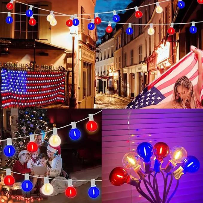 25Ft Independence Day LED String Lights, Waterproof Patio Light with 25 G40 LED Clear/Red/Blue Bulbs, Connectable Hanging Independence Day String Lights for Indoor Outdoor Garden Backyard Porch by GreenHaven Gardens