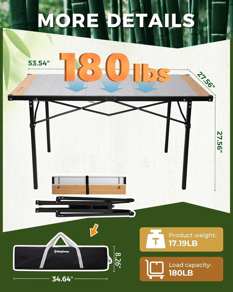 KingCamp Aluminum Folding Lightweight Roll Portable Stable Table for Camping Picnic Barbecue Backyard Party, Indoor & Outdoor, Oversize, Silver Black (Extended Pro, #6P Bamboo) by GreenHaven Gardens