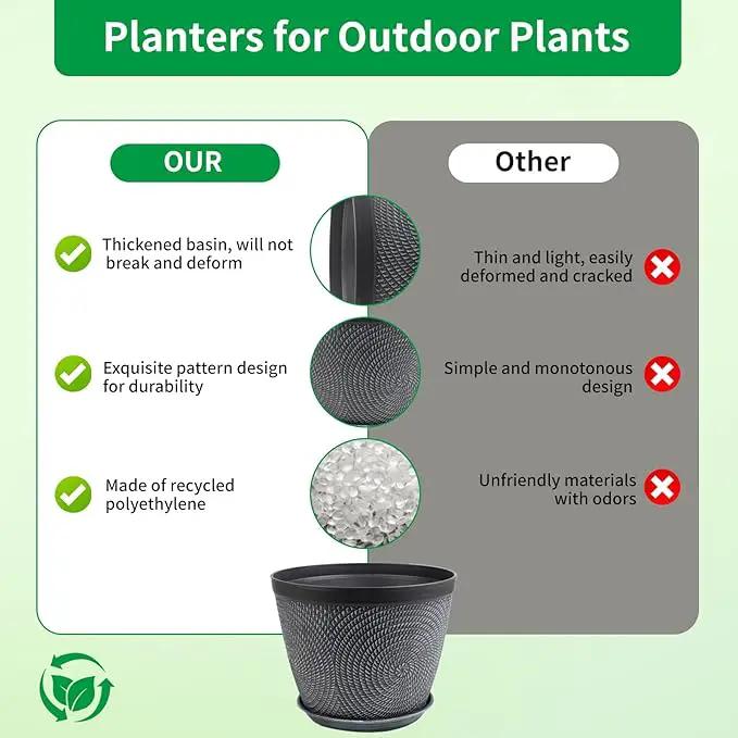 Quarut 4 Pack 6 Inch Flower Pots Planters for Outdoor Indoor, Plastic Plant Pots with Drainage Hole & Tray, Modern Decorative Garden Pot with Saucer, planters for House (Gray) by GreenHaven Gardens
