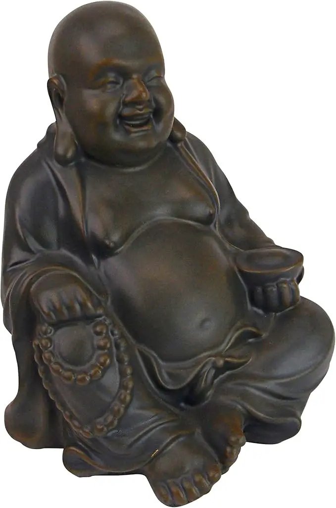 Design Toscano Laughing Asian Man Happy Hotei Garden Statue, Medium, 8 inches wide, 9 inches tall, Cast Stone Resin, Green Bronze Finish by GreenHaven Gardens