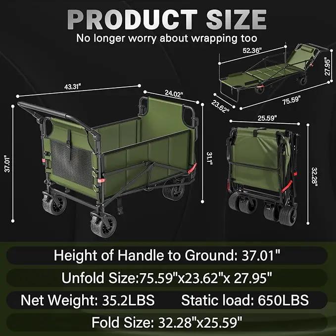 LEVELEVE Heavy Duty Folding Wagon - 2-in-1 Collapsible Cart, 650lb Capacity, All-Terrain Wheels w/Brakes & Side Pockets (Army Green) by GreenHaven Gardens